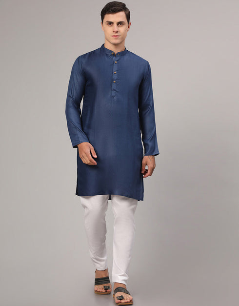 Readymade Men's Kurta Pyjama Navy Blue Kurta Cotton Polyester Dobi Jacquard Pajama Front View