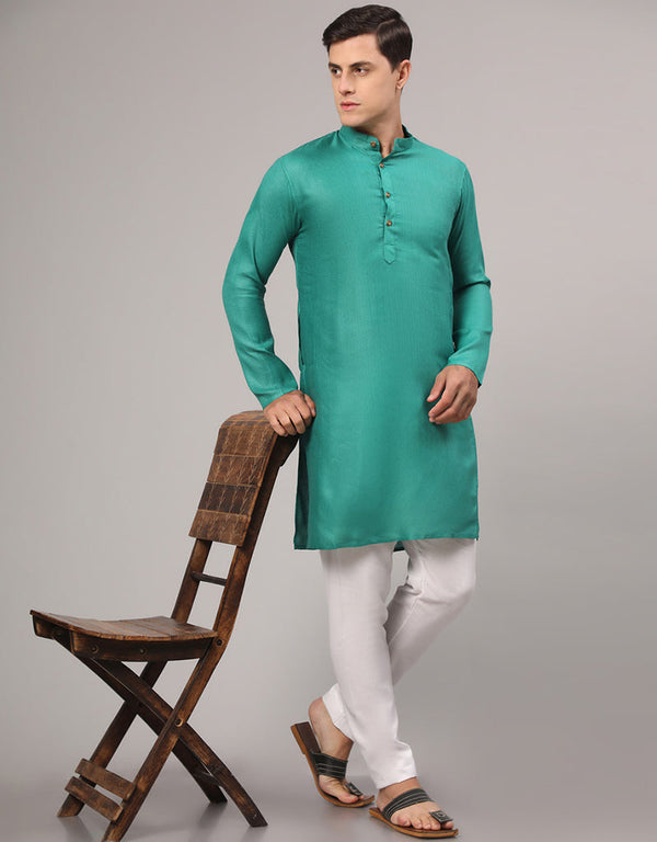 Readymade Men's Kurta Pyjama Teal Green Kurta Cotton Polyester Dobi Jacquard Pajama Front View
