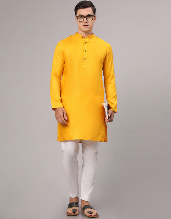 Readymade Men's Kurta Pyjama Yellow Kurta Cotton Polyester Dobi Jacquard Pajama Front View