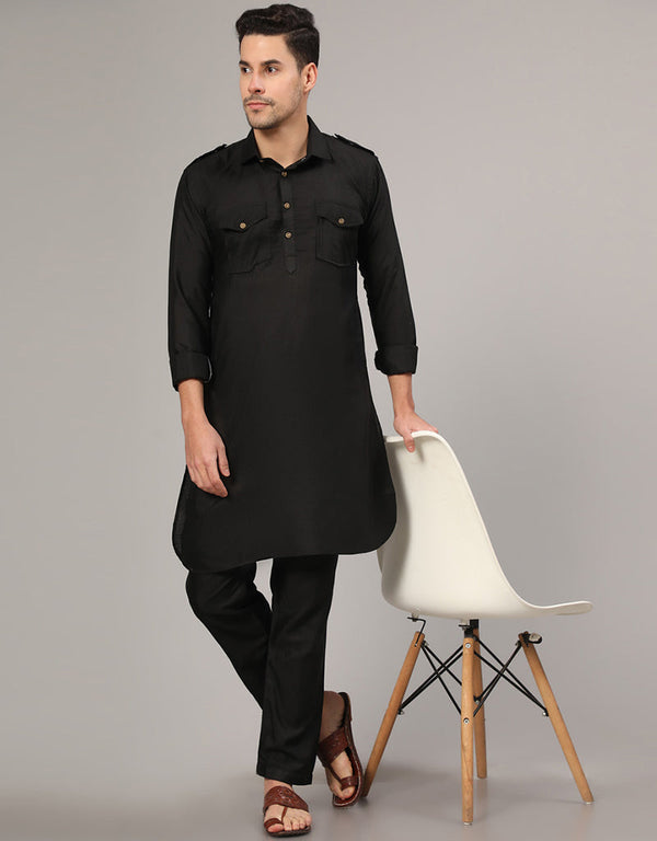 Readymade Men's Kurta Pyjama Black Kurta Slub Cotton Polyester Pajama Front View