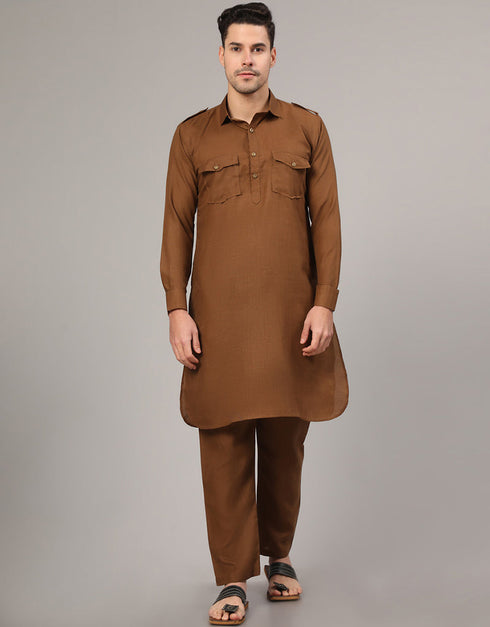 Readymade Men's Kurta Pyjama Coffee Kurta Slub Cotton Polyester Pajama Front View