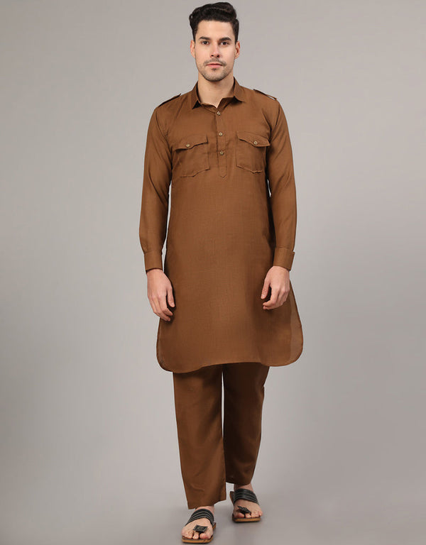 Readymade Men's Kurta Pyjama Coffee Kurta Slub Cotton Polyester Pajama Front View