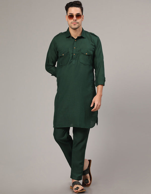 Readymade Men's Kurta Pyjama Green Kurta Slub Cotton Polyester Pajama Front View