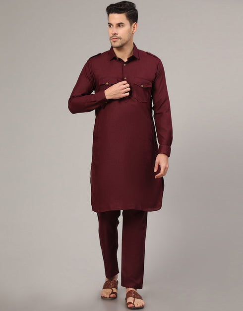 Readymade Men's Kurta Pyjama Maroon Kurta Slub Cotton Polyester Pajama Front View