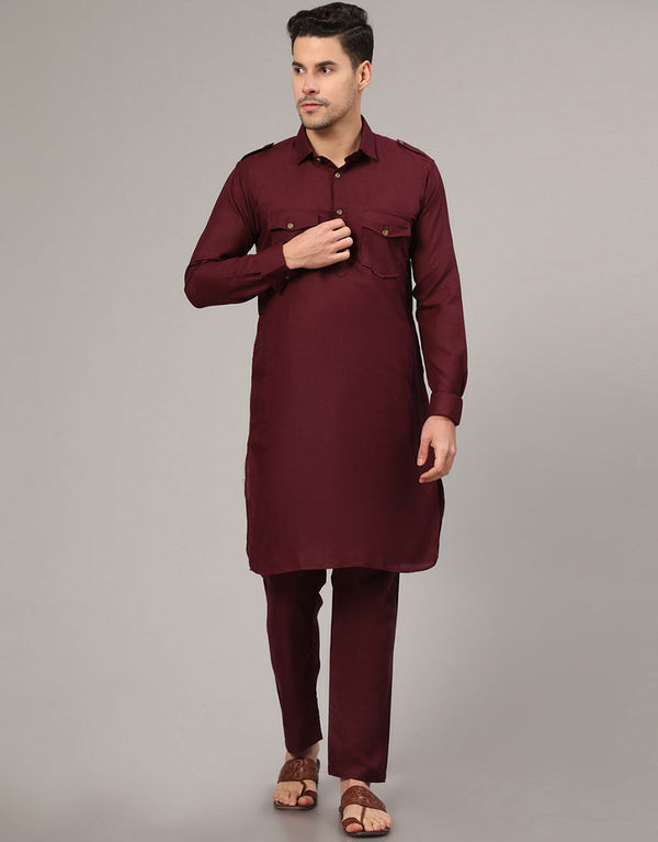 Readymade Men's Kurta Pyjama Maroon Kurta Slub Cotton Polyester Pajama Front View