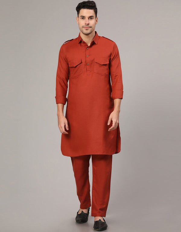 Readymade Men's Kurta Pyjama Orange Kurta Slub Cotton Polyester Pajama Front View