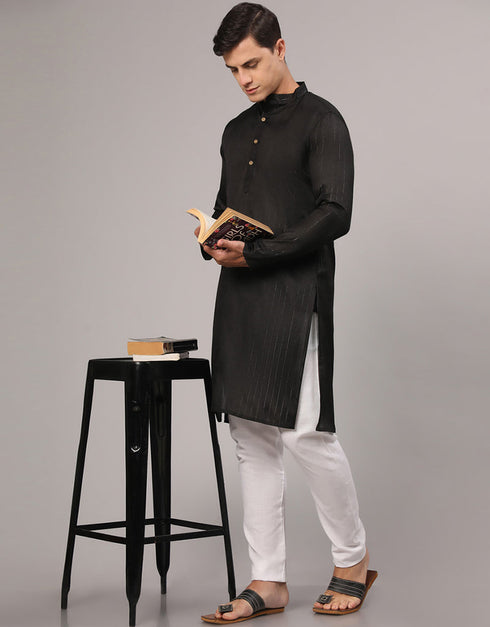 Readymade Men's Kurta Pyjama Black Kurta Slub Cotton Polyester Pajama Front View