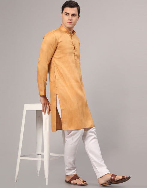 Readymade Men's Kurta Pyjama Dull Orange Kurta Slub Cotton Polyester Pajama Front View