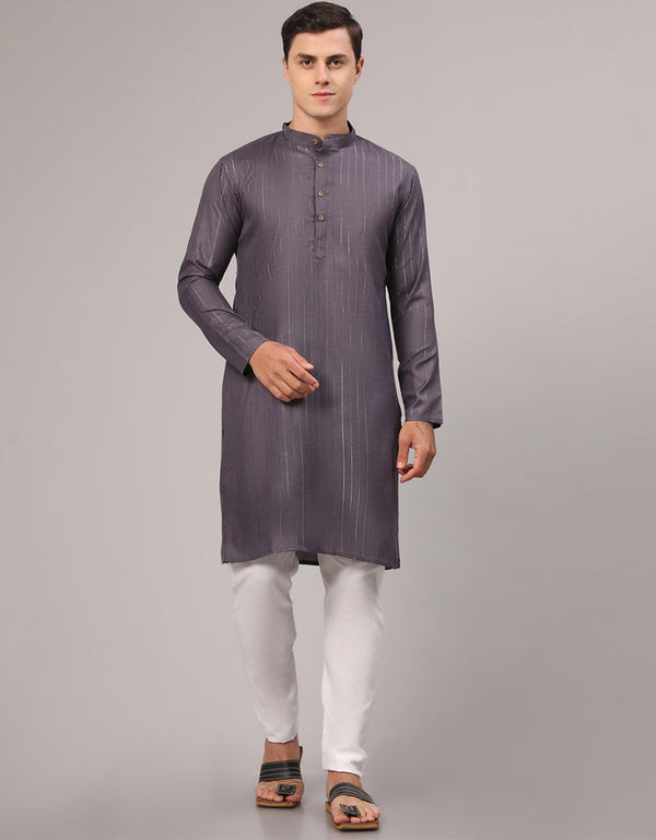 Readymade Men's Kurta Pyjama Grey Kurta Slub Cotton Polyester Pajama Front View