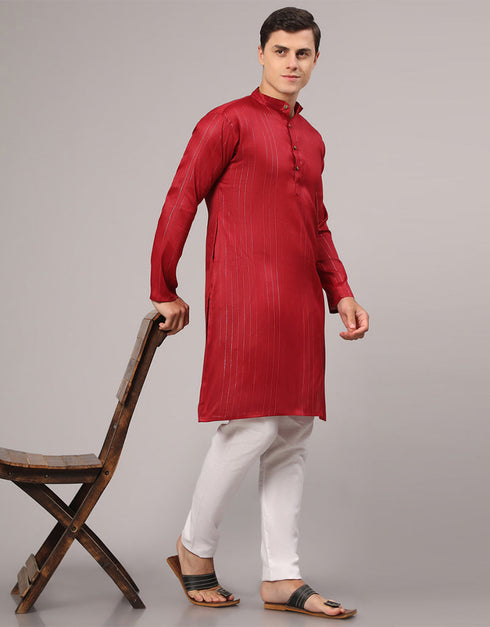 Readymade Men's Kurta Pyjama Maroon Kurta Slub Cotton Polyester Pajama Front View