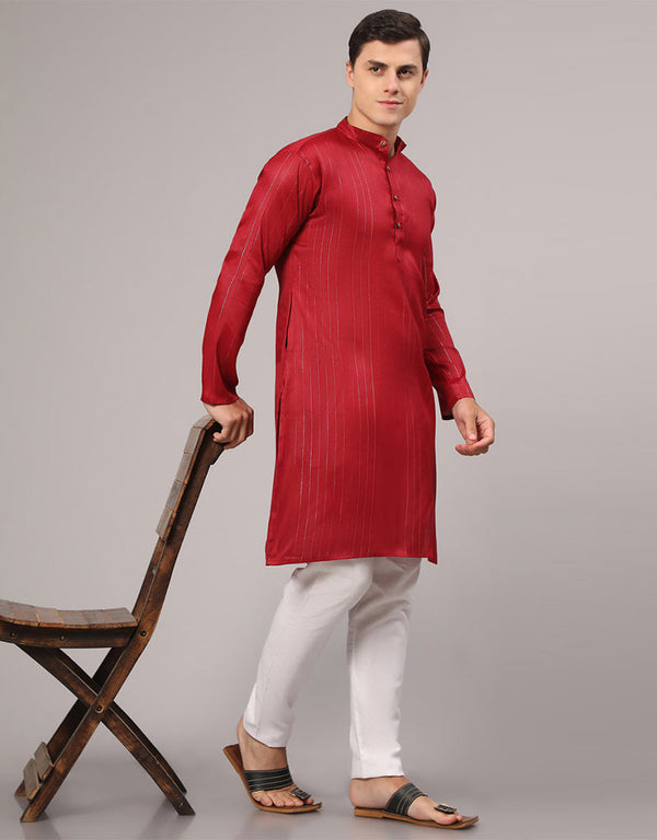 Readymade Men's Kurta Pyjama Maroon Kurta Slub Cotton Polyester Pajama Front View