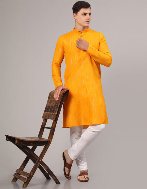 Readymade Men's Kurta Pyjama Mustard Kurta Slub Cotton Polyester Pajama Front View