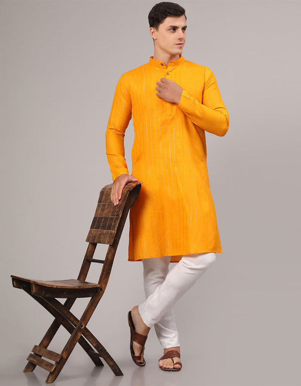 Readymade Men's Kurta Pyjama Mustard Kurta Slub Cotton Polyester Pajama Front View