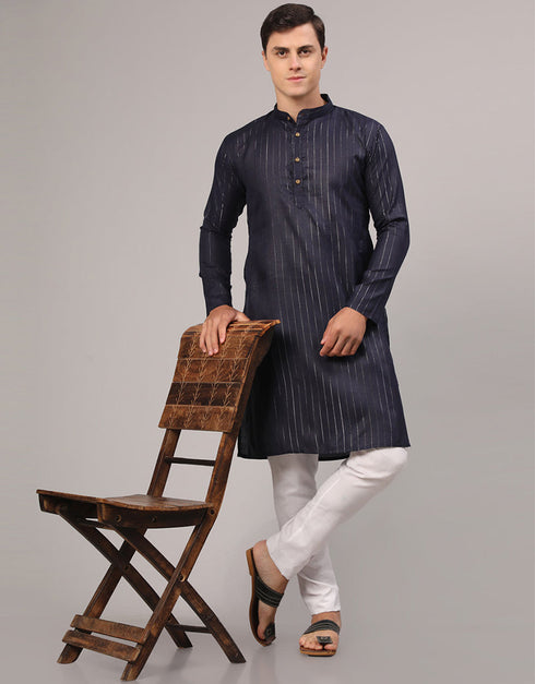 Readymade Men's Kurta Pyjama Navy Blue Kurta Slub Cotton Polyester Pajama Front View