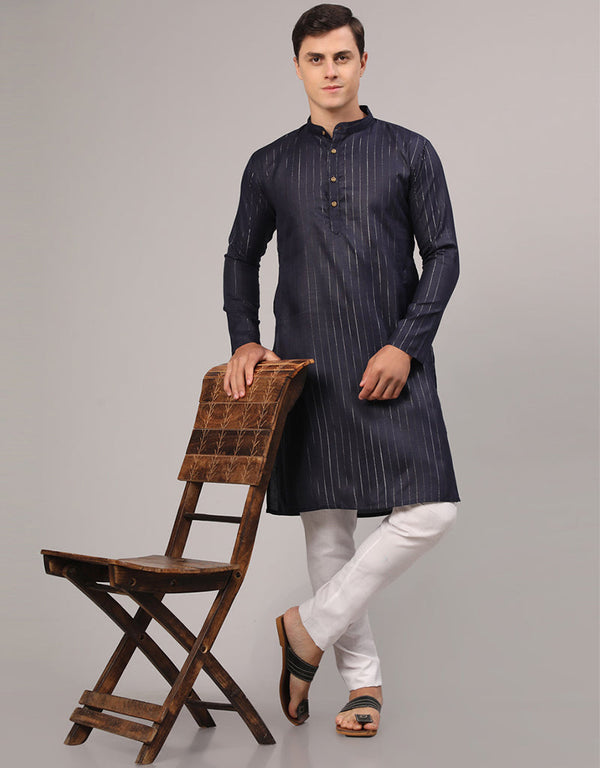 Readymade Men's Kurta Pyjama Navy Blue Kurta Slub Cotton Polyester Pajama Front View