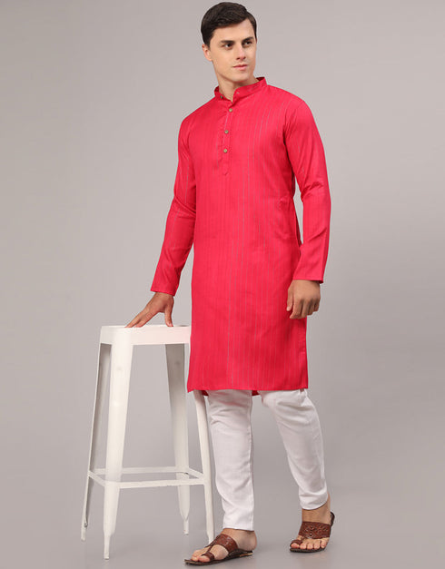 Readymade Men's Kurta Pyjama Pink Kurta Slub Cotton Polyester Pajama Front View