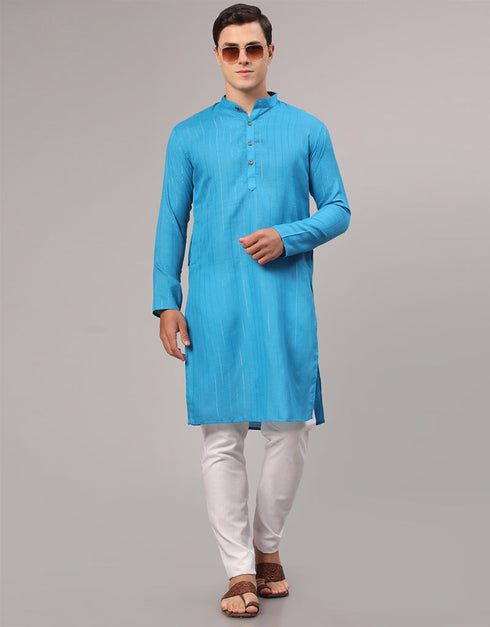 Readymade Men's Kurta Pyjama Sky Blue Kurta Slub Cotton Polyester Pajama Front View