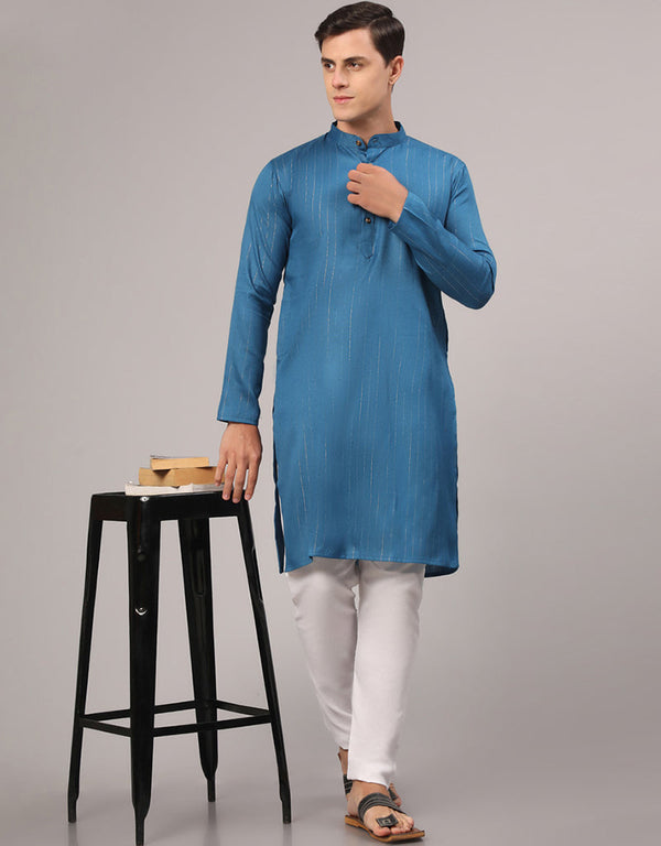 Readymade Men's Kurta Pyjama Teal Blue Kurta Slub Cotton Polyester Pajama Front View