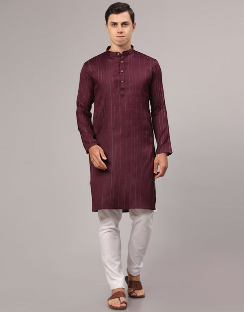Readymade Men's Kurta Pyjama Wine Kurta Slub Cotton Polyester Pajama Front View