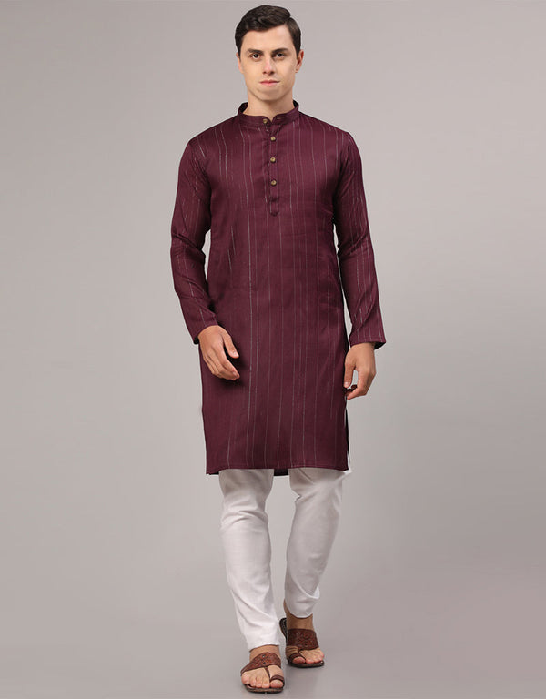 Readymade Men's Kurta Pyjama Wine Kurta Slub Cotton Polyester Pajama Front View
