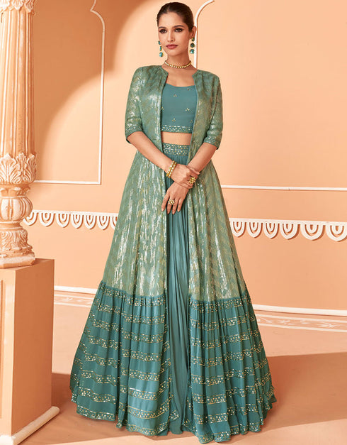 Turquoise Chinon Lehenga Salwar Kameez Front View