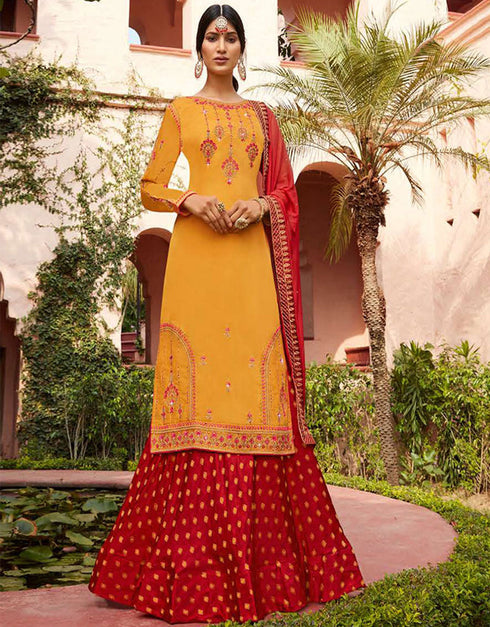 Mustard Georgette Satin Lehenga Straight Front View