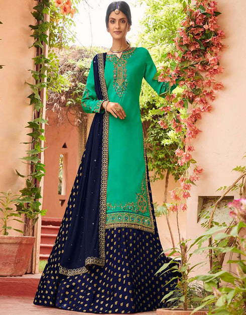 Sea Green Georgette Satin Lehenga Straight Front View