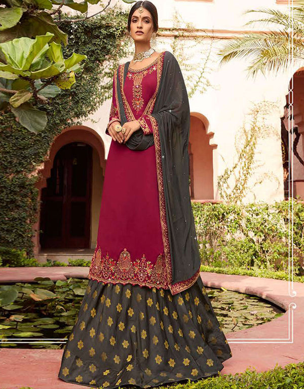 Magneta Georgette Satin Lehenga Straight Front View