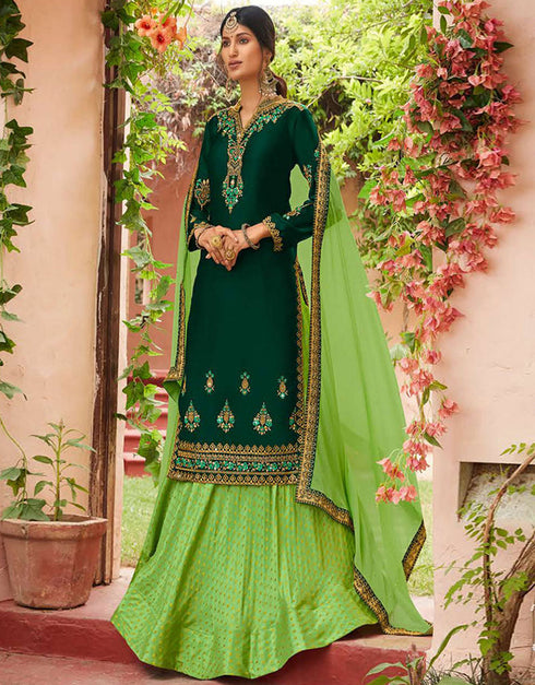 Green Georgette Satin Lehenga Straight Front View