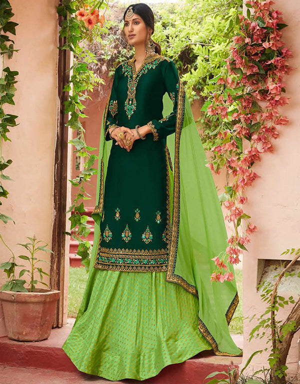 Green Georgette Satin Lehenga Straight Front View