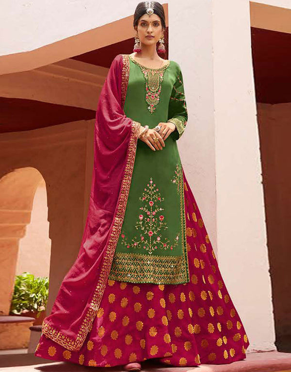 Mehendi Georgette Satin Lehenga Straight Front View