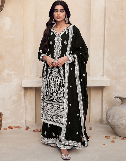 Designer Party Wear Readymade Salwar Kameez Black Premium Silk Palazzo Straight Front View