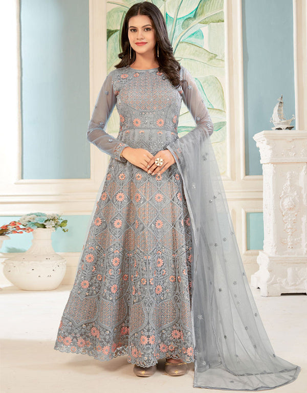 Designer Party Wear Readymade Salwar Kameez Grey Butterfly Net Pant Anarkali Front View