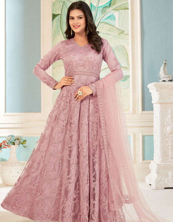 Designer Party Wear Readymade Salwar Kameez Dusty Pink Butterfly Net Pant Anarkali Front View