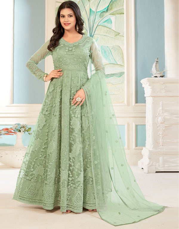 Designer Party Wear Readymade Salwar Kameez Sea Green Butterfly Net Pant Anarkali Front View