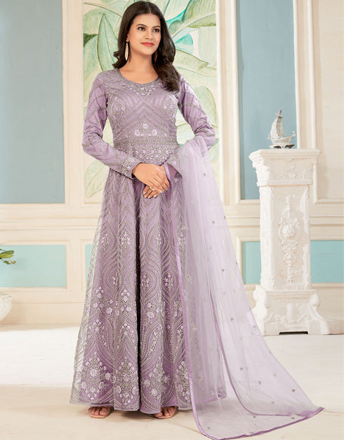Designer Party Wear Readymade Salwar Kameez Lavender Butterfly Net Pant Anarkali Front View