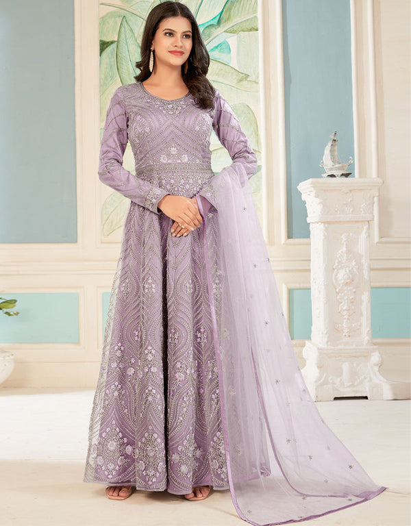 Designer Party Wear Readymade Salwar Kameez Lavender Butterfly Net Pant Anarkali Front View