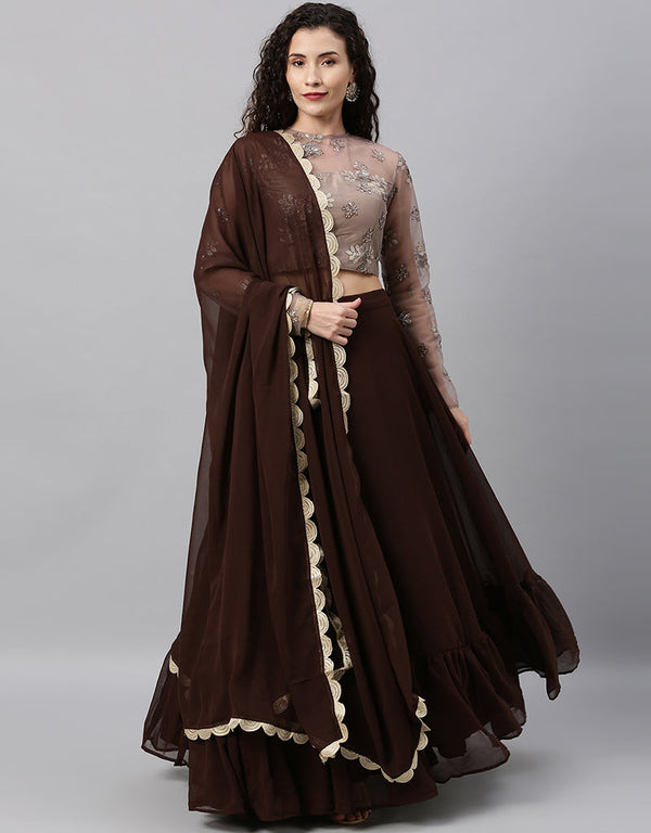 Designer Party Wear Readymade Lehenga Choli Grey Net Lehenga Choli Front View