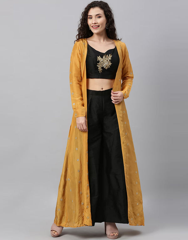 Designer Party Wear Readymade Lehenga Choli Black And Mustard Taffeta Pant Dress Front View