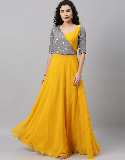 Designer Party Wear Readymade Long Dress Yellow Georgette Pant Dress Front View