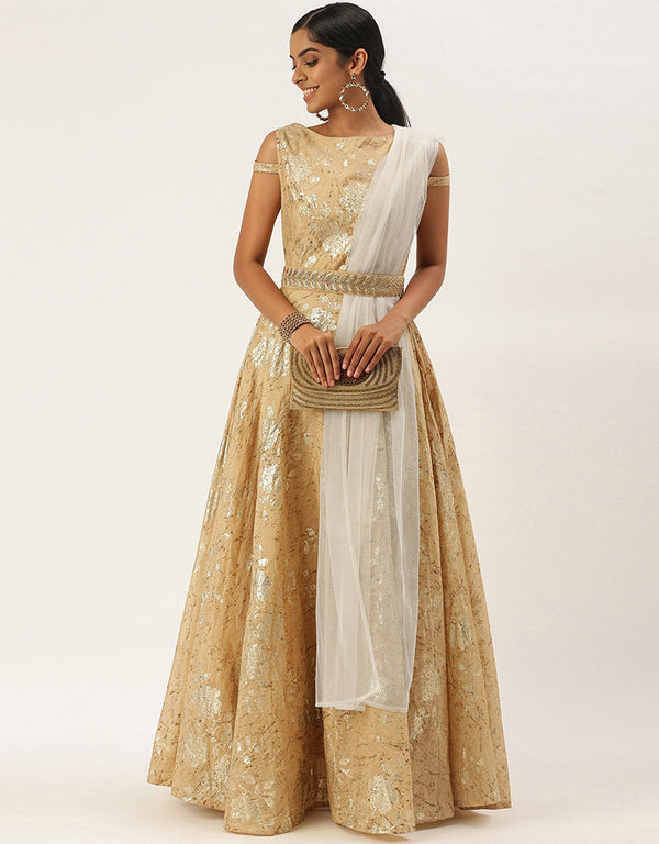 Designer Party Wear Readymade Anarkali Beige Cotton Pant Anarkali Front View