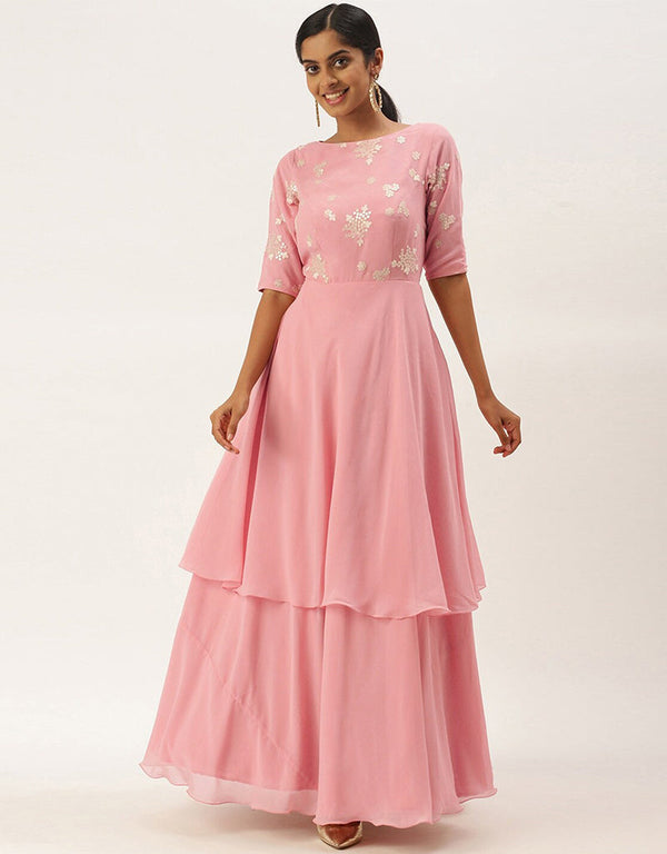 Designer Party Wear Readymade Long Dress Pink Georgette Pant Dress Front View