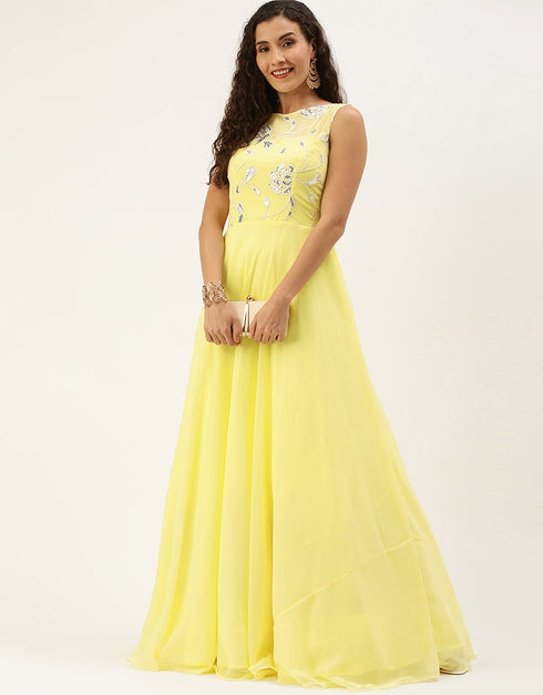 Designer Party Wear Readymade Long Dress Yellow Georgette Pant Dress Front View