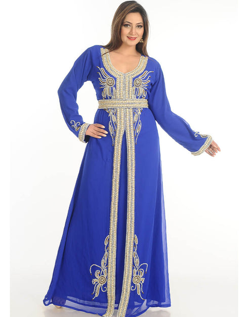 Women Royal Blue Georgette Hand Embroidery Party Wear Kaftan