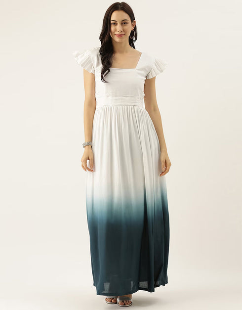 Designer Party Wear Readymade Long Dress White And Blue Tencel Pant Dress Front View