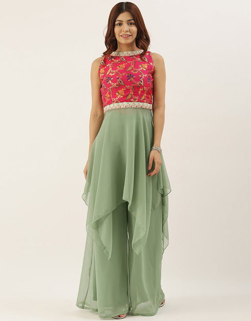 Designer Party Wear Readymade Salwar Kameez Green Georgette Palazzo Suit Front View