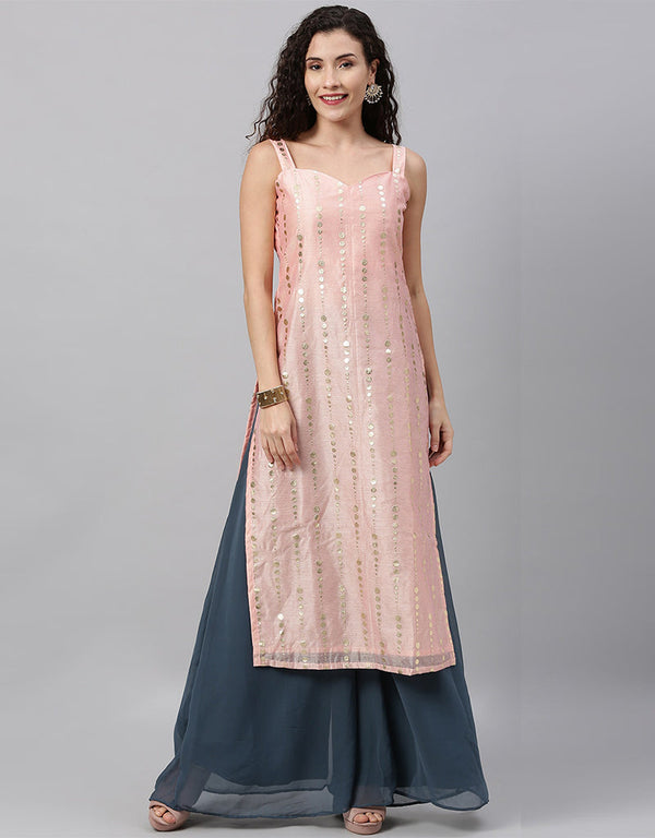 Designer Party Wear Readymade Salwar Kameez Pink Cotton Palazzo Straight Front View