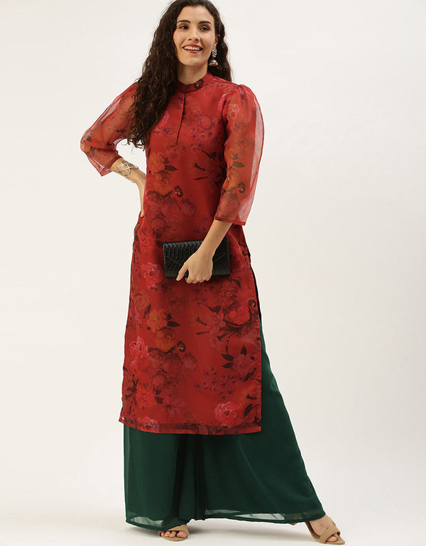 Designer Party Wear Readymade Salwar Kameez Red Organza Palazzo Straight Front View