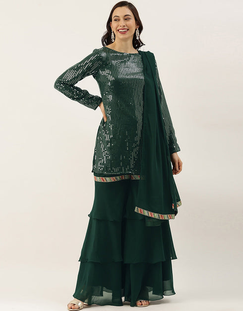 Designer Party Wear Readymade Salwar Kameez Green Georgette Palazzo Suit Front View