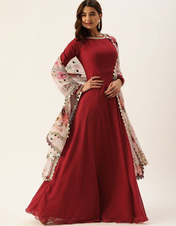 Designer Party Wear Readymade Anarkali Maroon Georgette Pant Anarkali Front View